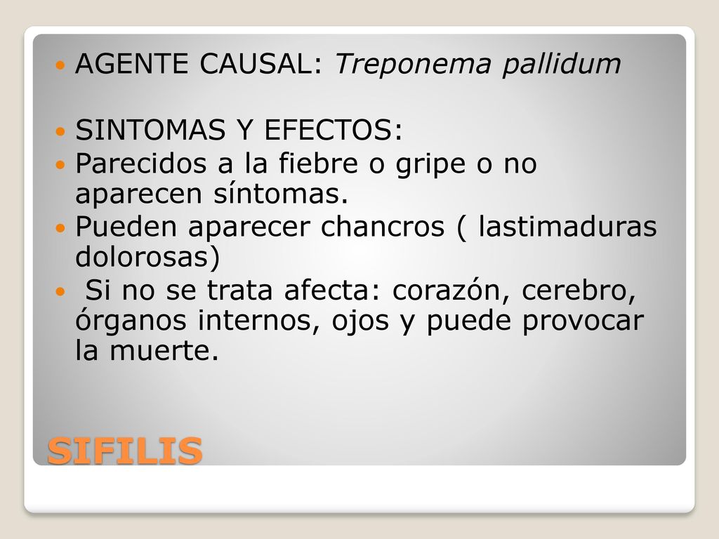 agente causal de la sifilis sintomas y efectos